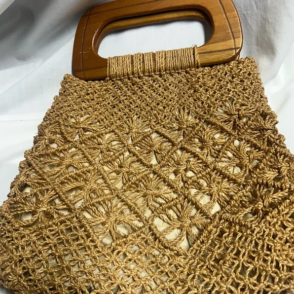 Vintage Macrame Wooden Rectangle Handle Purse 1970s 1980s Boho - Picture 9 of 11
